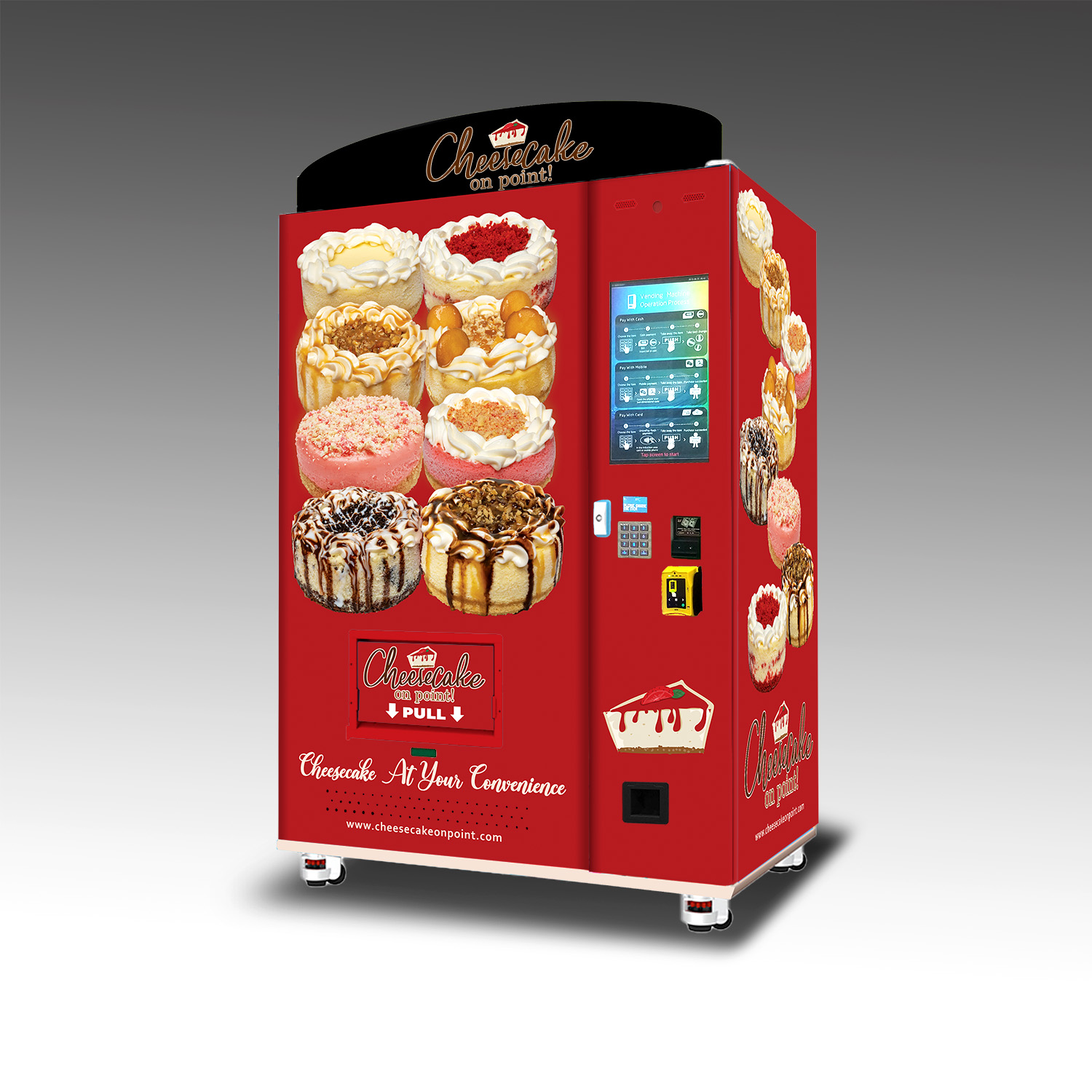 A mockup of a custom frozen foods vending machine built to vend cakes.