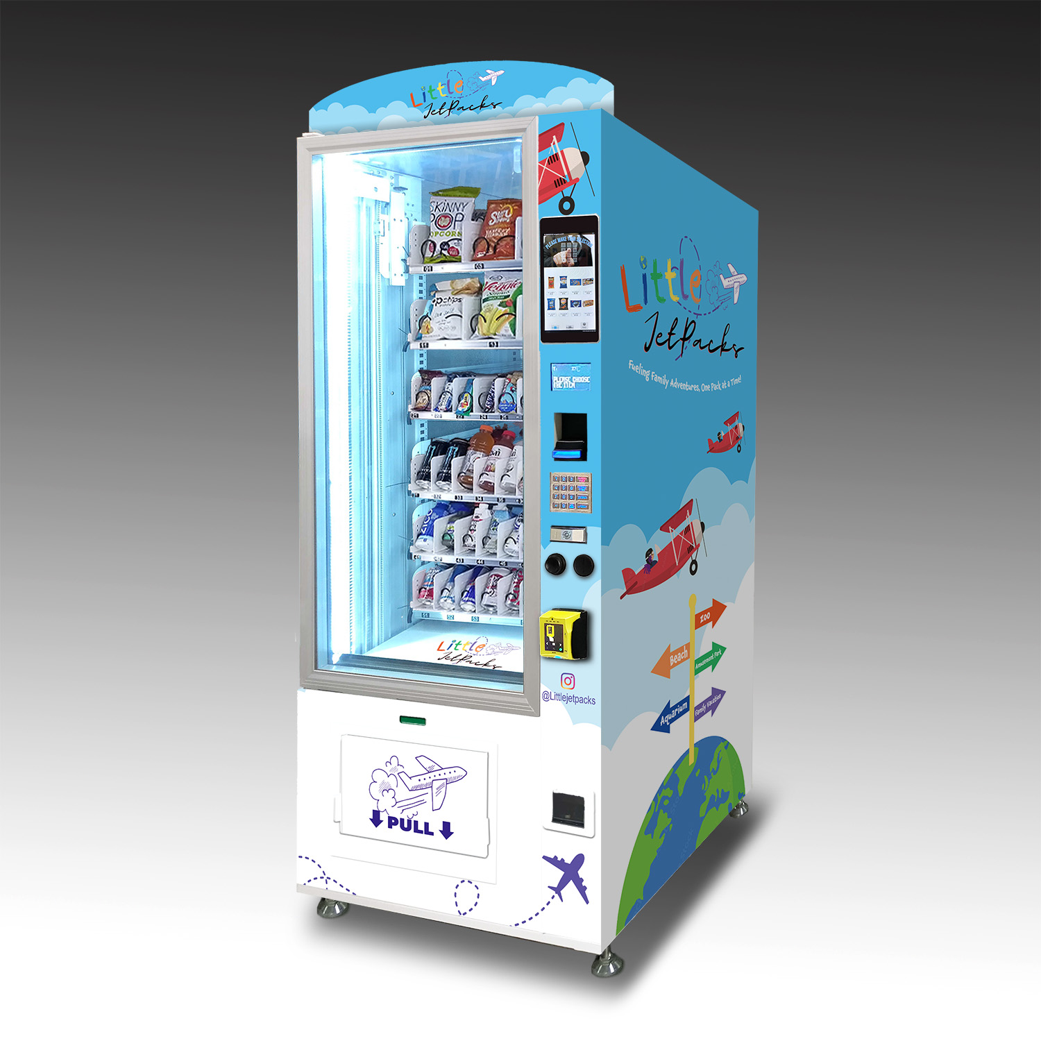A mockup of a custom vending machine for last-minute critical items for parents and children who are travelling by plane being placed in airports.