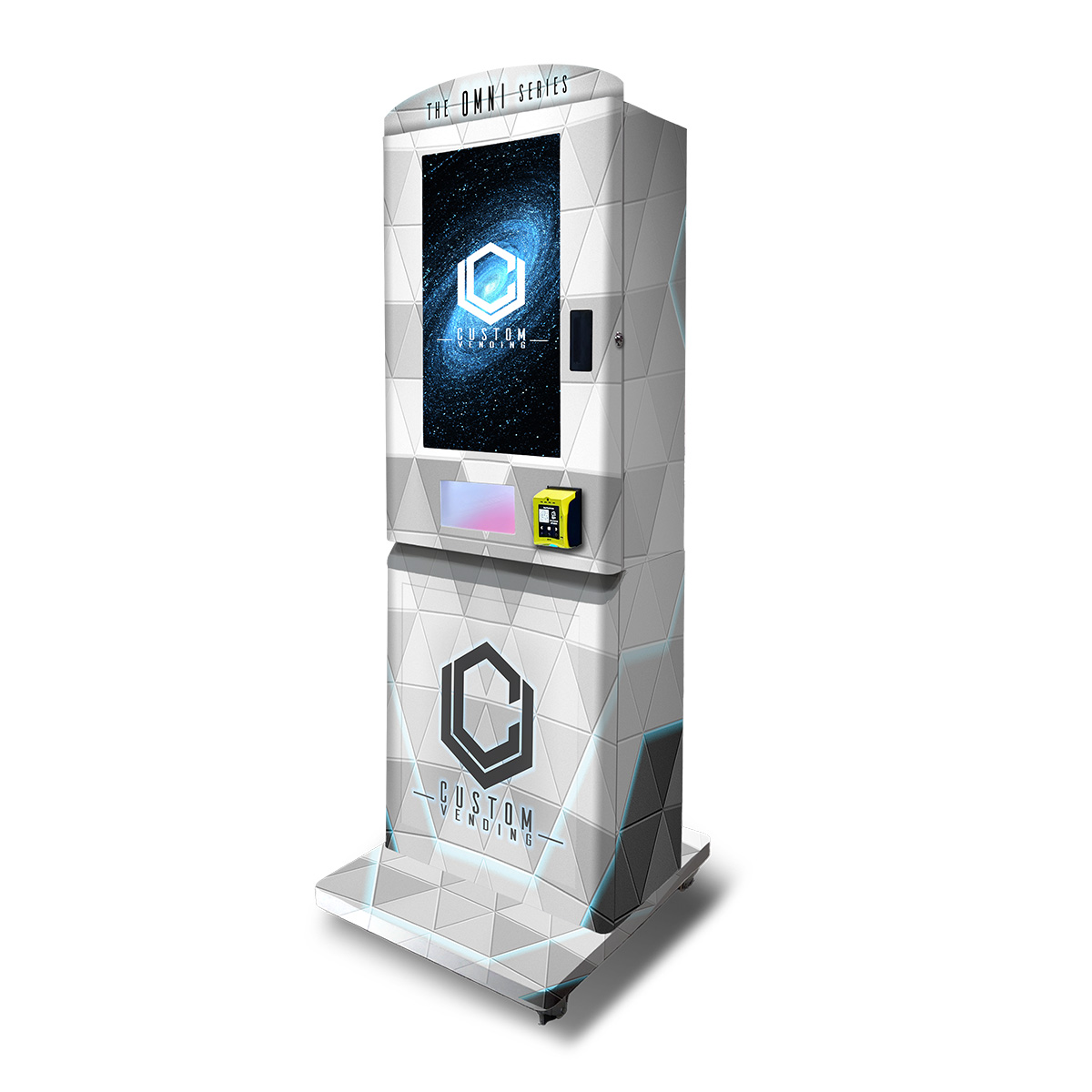 A small vending machine with a large touchscreen for its size. It is on a pedestal and has a card reader for payments