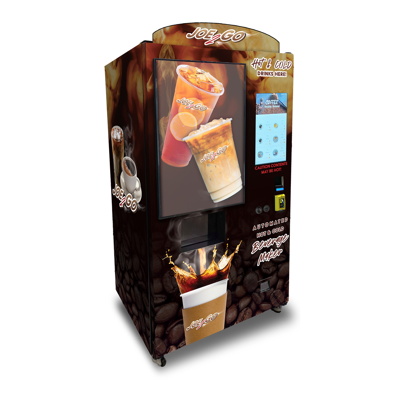 An image of a hot and cold drink machine showing roasted coffee beans and warm drinks on its wrap. It has a large touchscreen and a backlit display to highlight products.