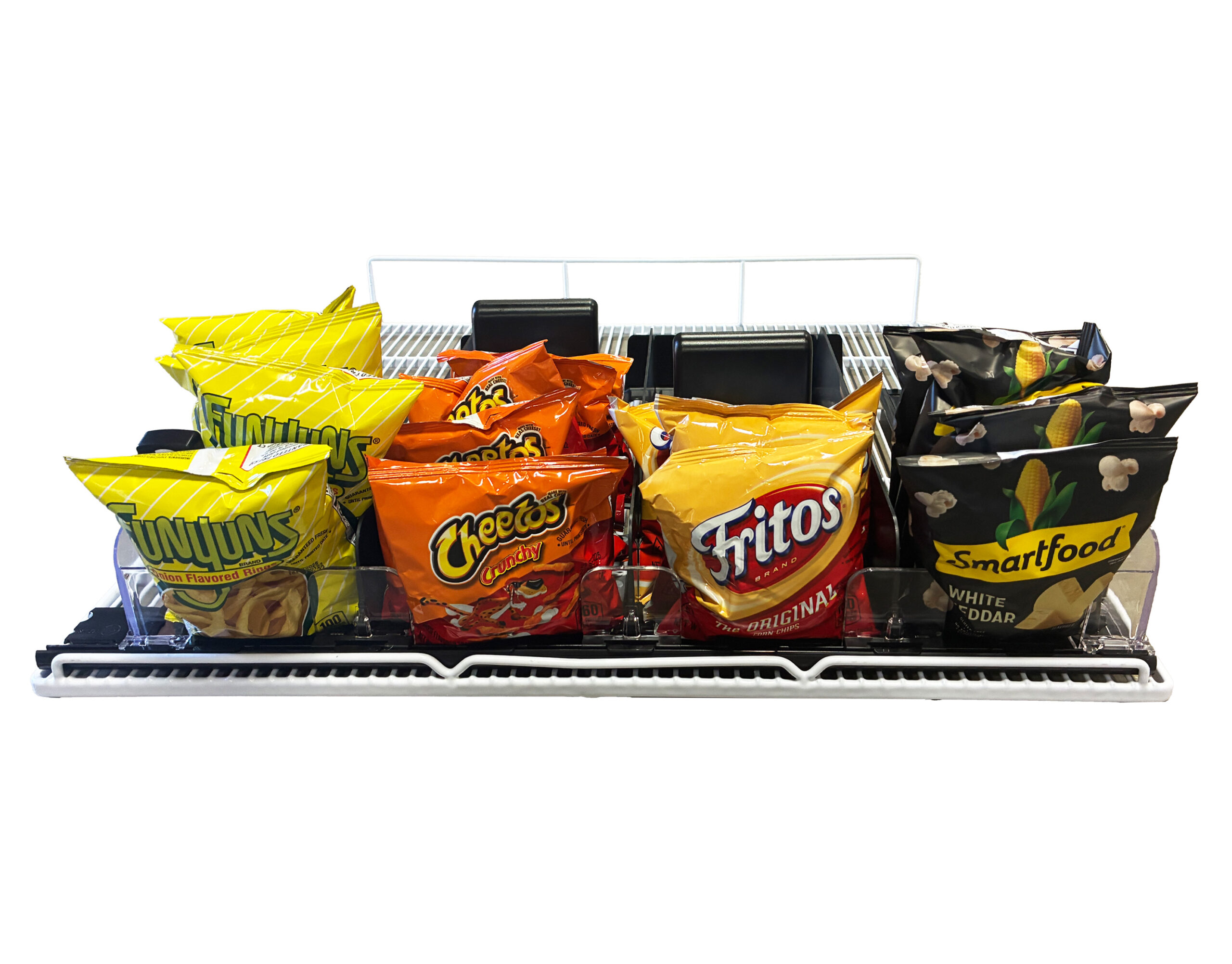 An image showing snack pushers holding large snacks like bags of chips and popcorn