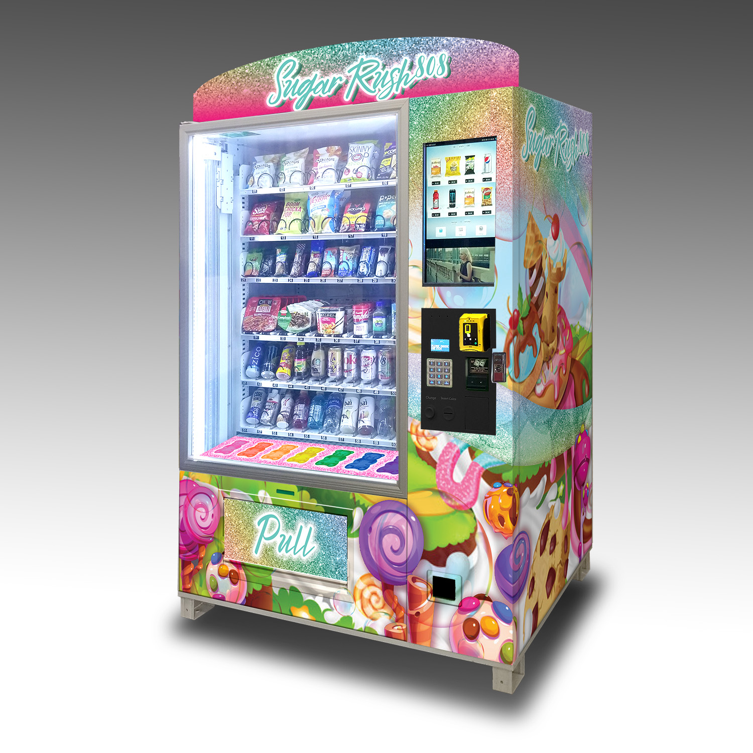 A colorfully wrapped custom vending machine for snacks.