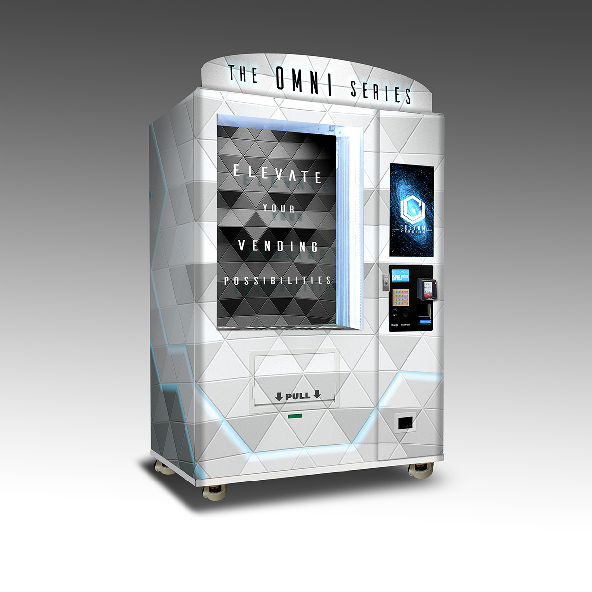 A right-facing mockup of the OMNI Elite Frozen foods vending machine