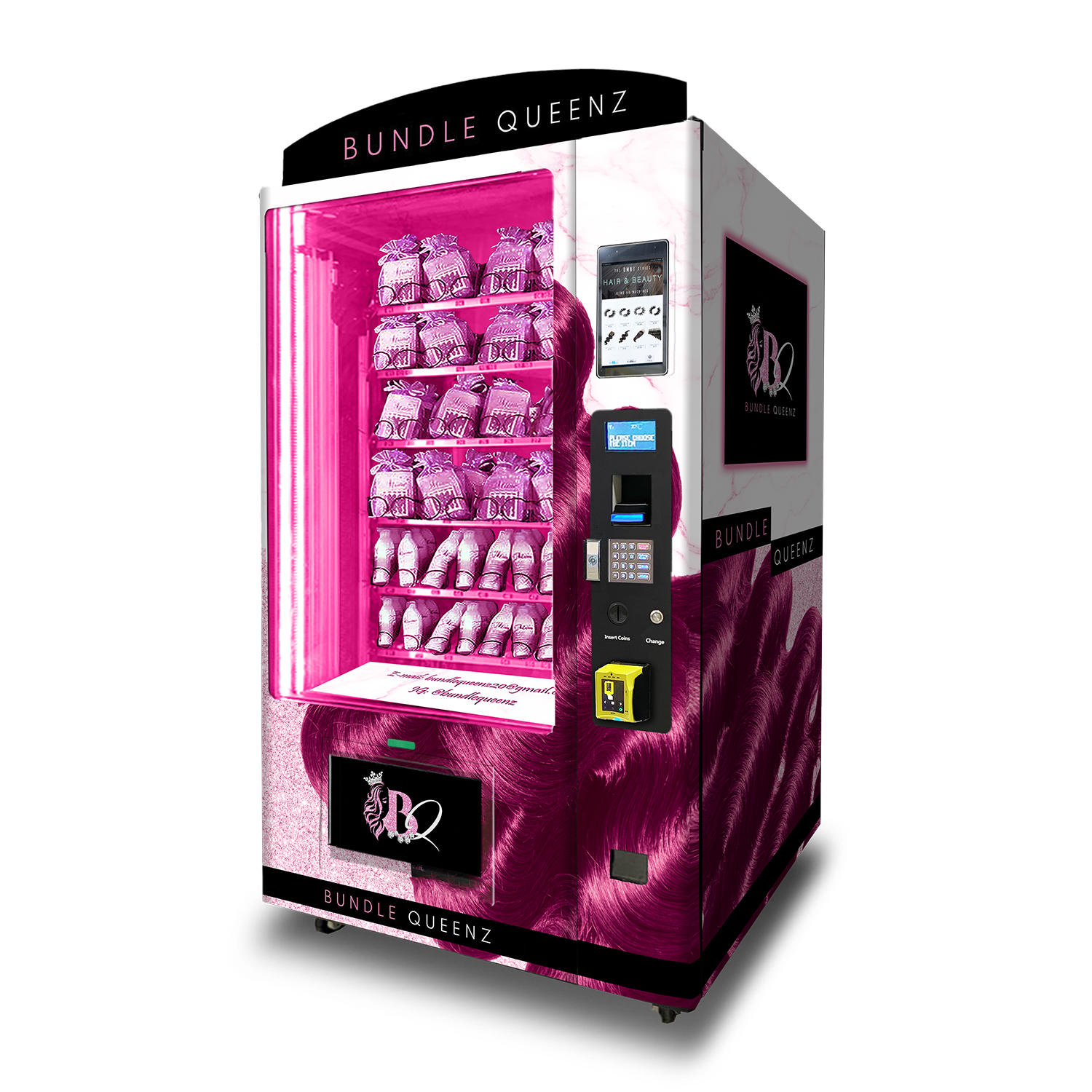 A custom wig and bundle vending machine with colored LED lighting built for Bundle Queenz.