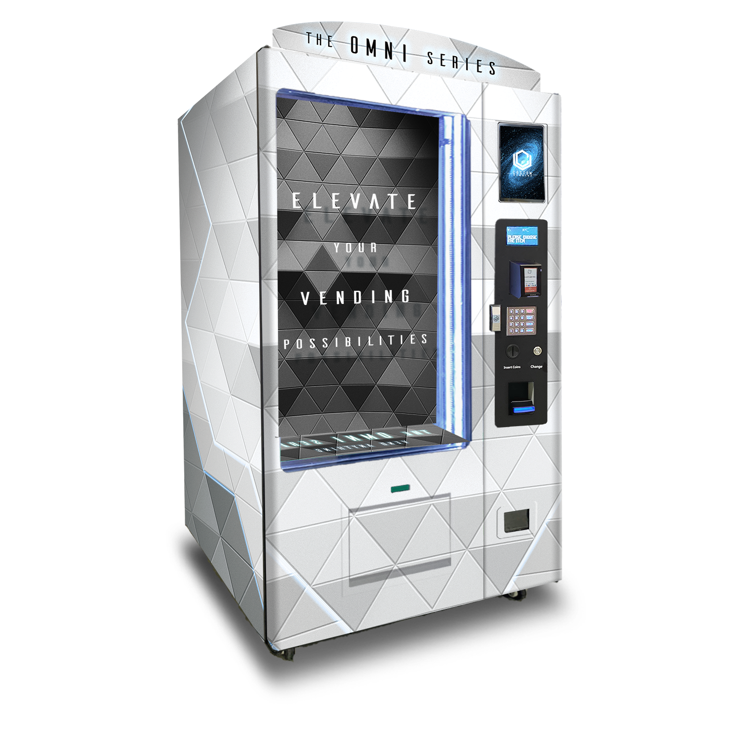 A mockup of the OMNI Pro custom vending chassis facing to the right.