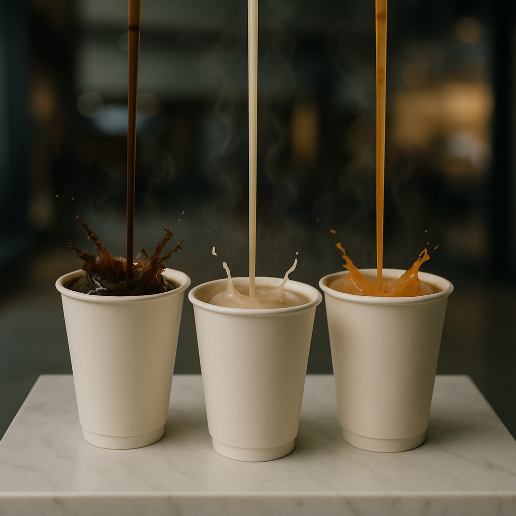Three few different cups with different-colored liquids pouring from the top into them and splashing. All of the coffee cups are steaming with different drinks being poured into them