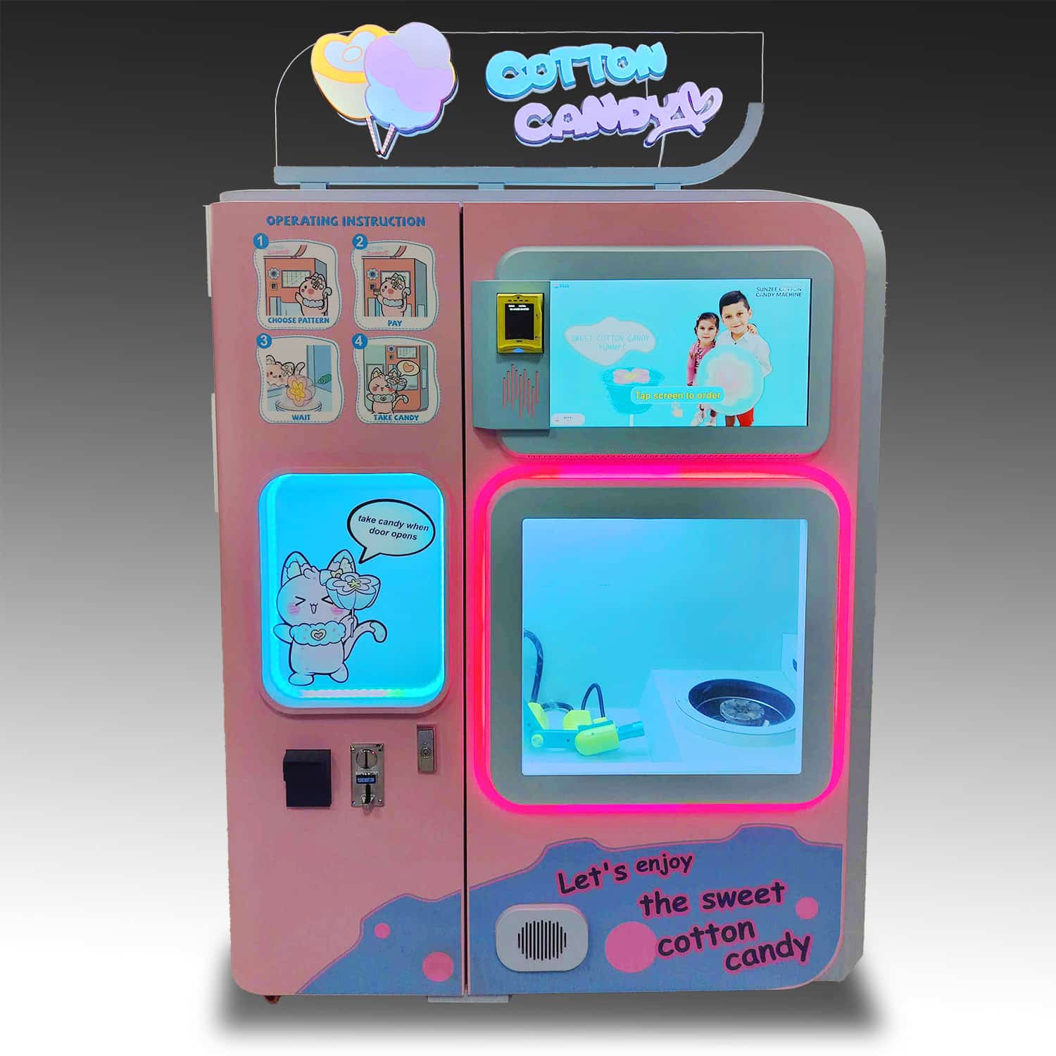 An image of a cotton candy machine with view of the internal cabinet where the candy is made, and a large touchscreen above that