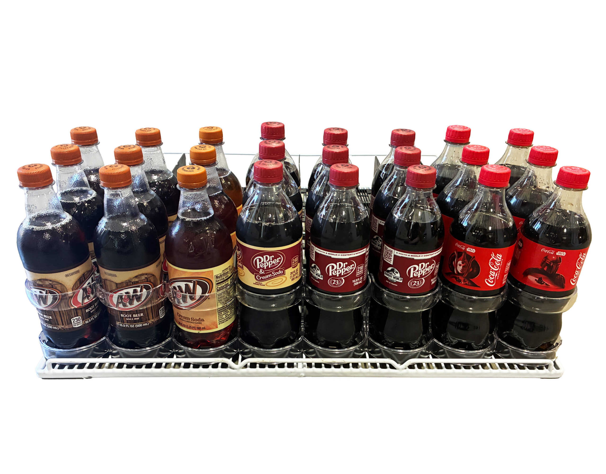 An image showing snack pushers holding drinks like bottles and cans of soda