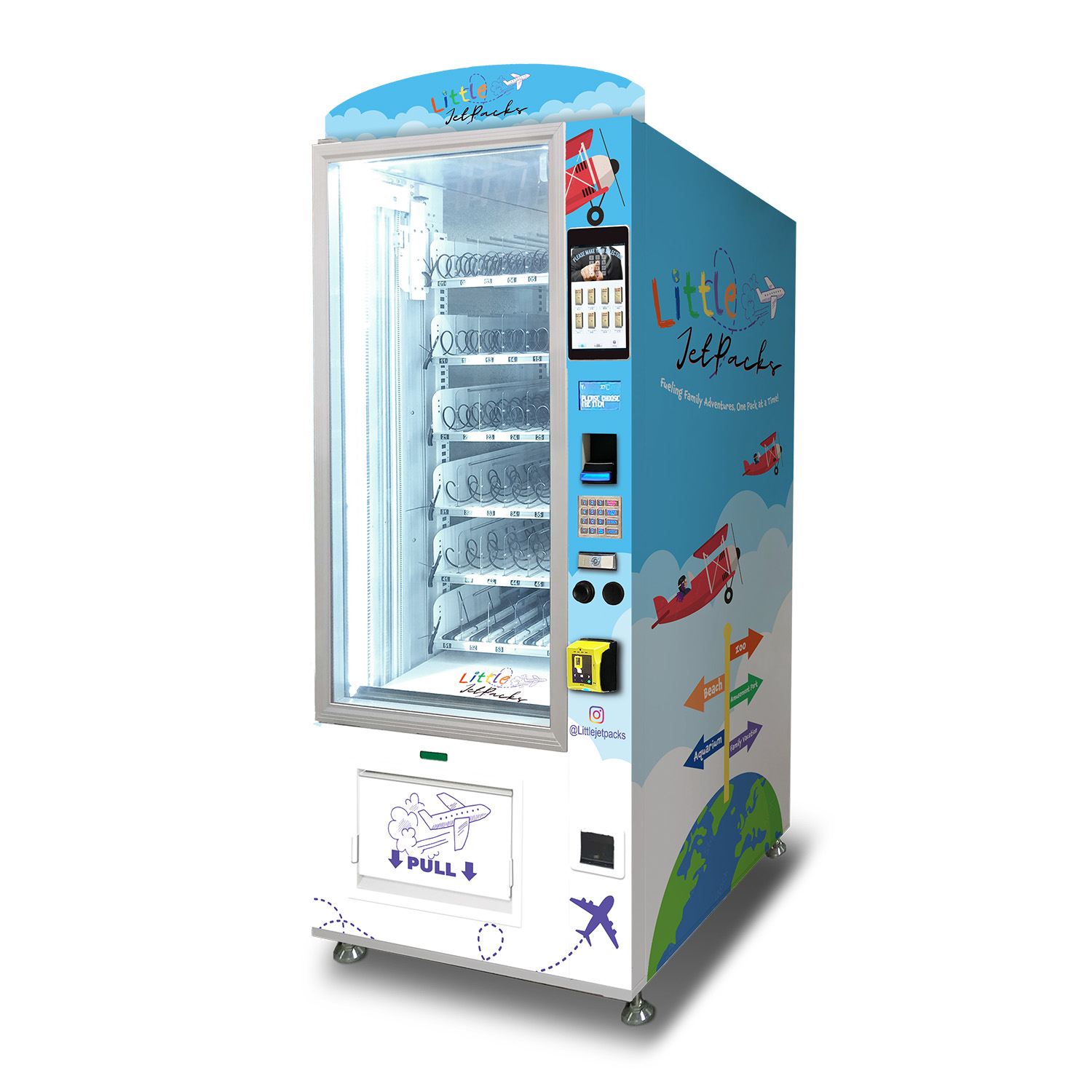 A mockup of a custom vending machine for last-minute critical items for parents and children who are travelling by plane being placed in airports.