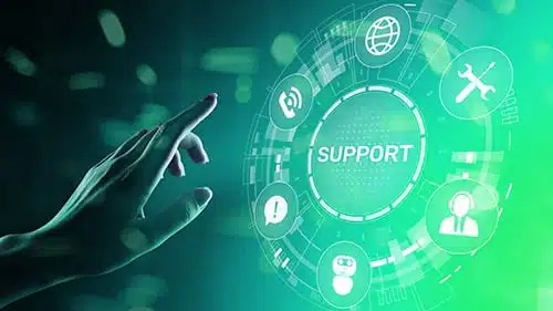 An image of a hand extending towards a high tech floating UI similar to the UIs in Minority Report.