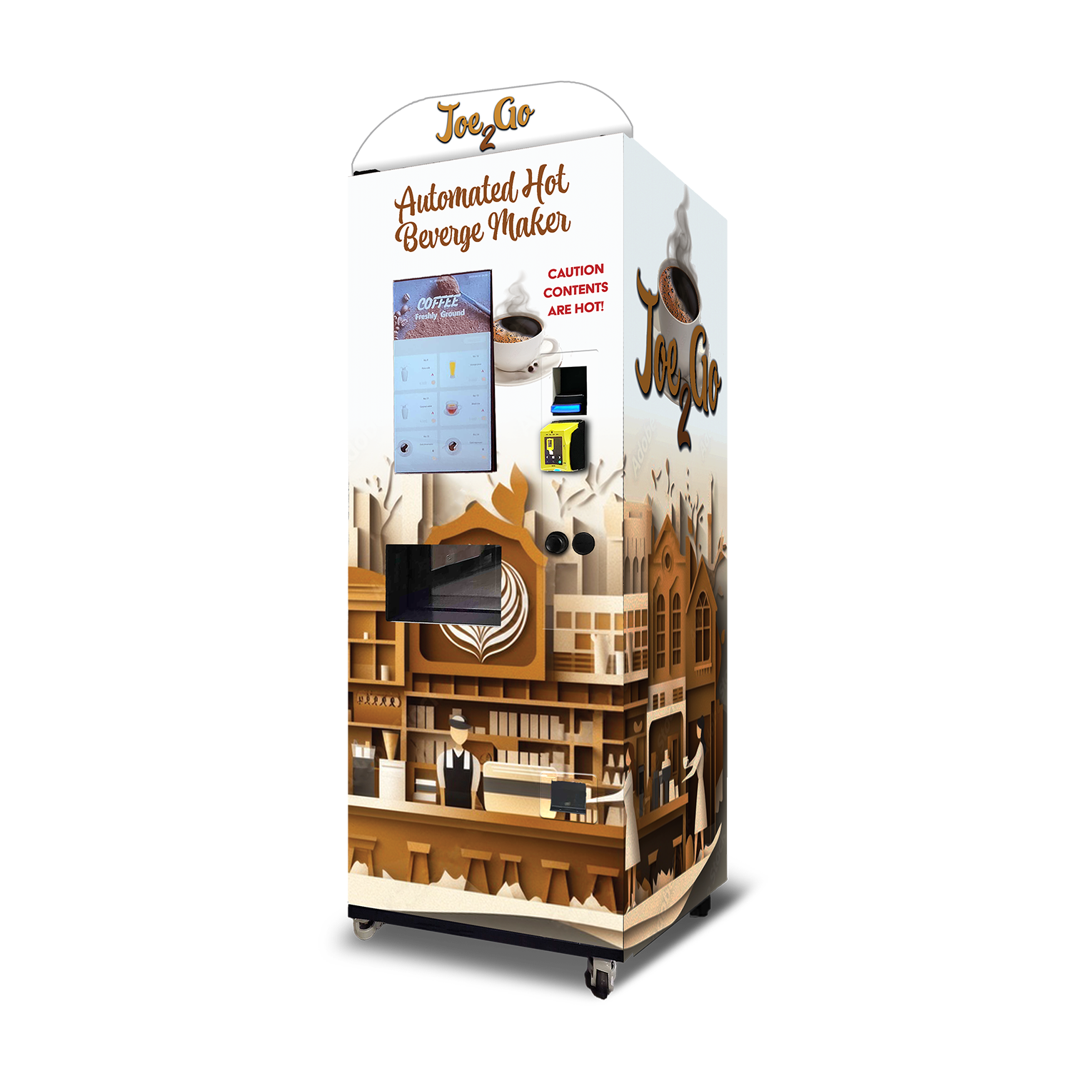 A coffee vending machine showing an antique-style coffee bar with browns and creams as colors. The marquis says "Joe2Go"