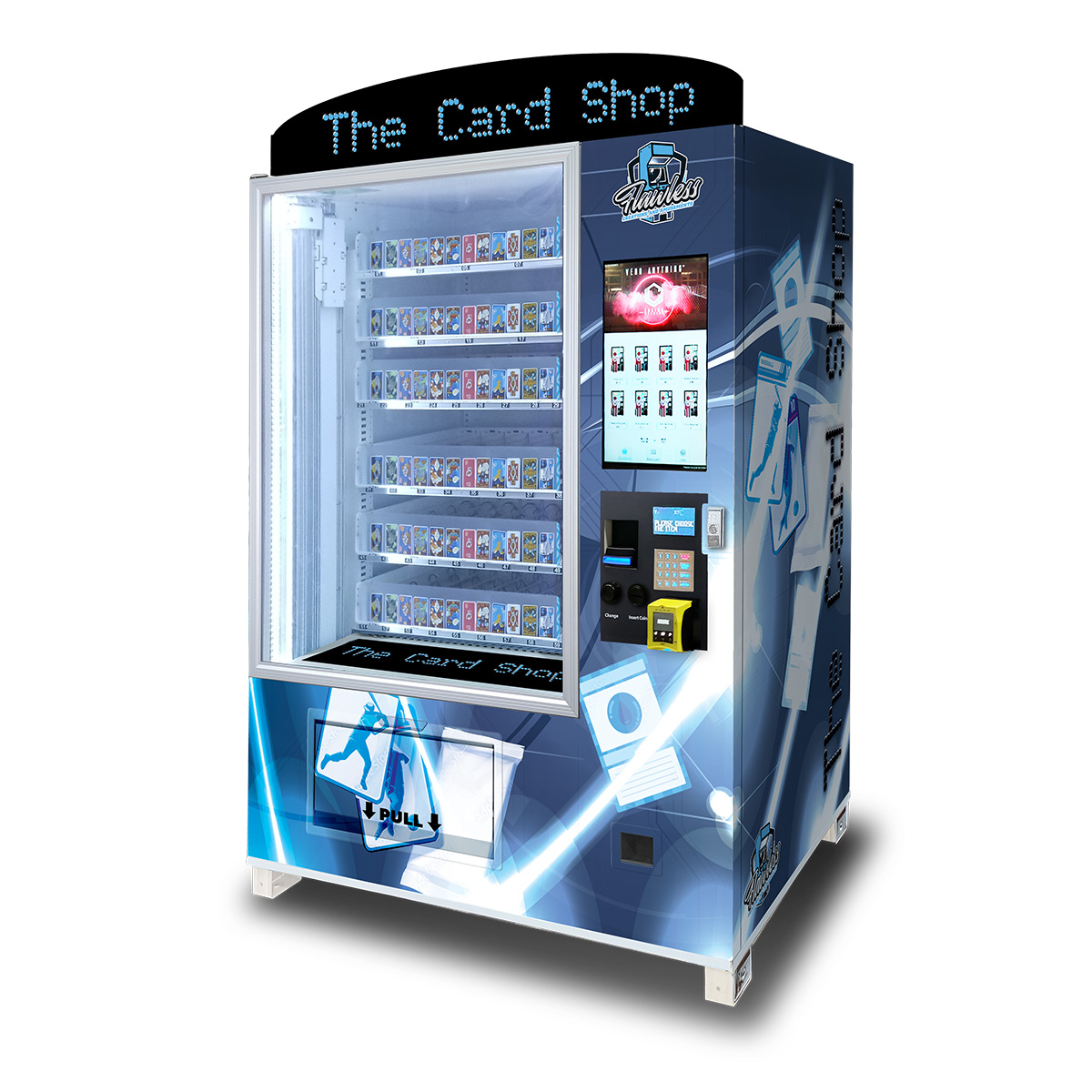 An OMNI Elite Vending Machine showcasing a futuristic blue wrap with card packs on it and the text "The Card Shop" on the marquis
