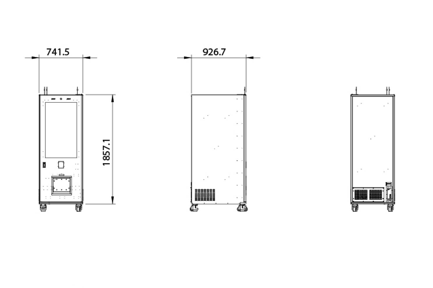 A technical schematic of the OMNI Vista vending machine with 43" touchscreen.