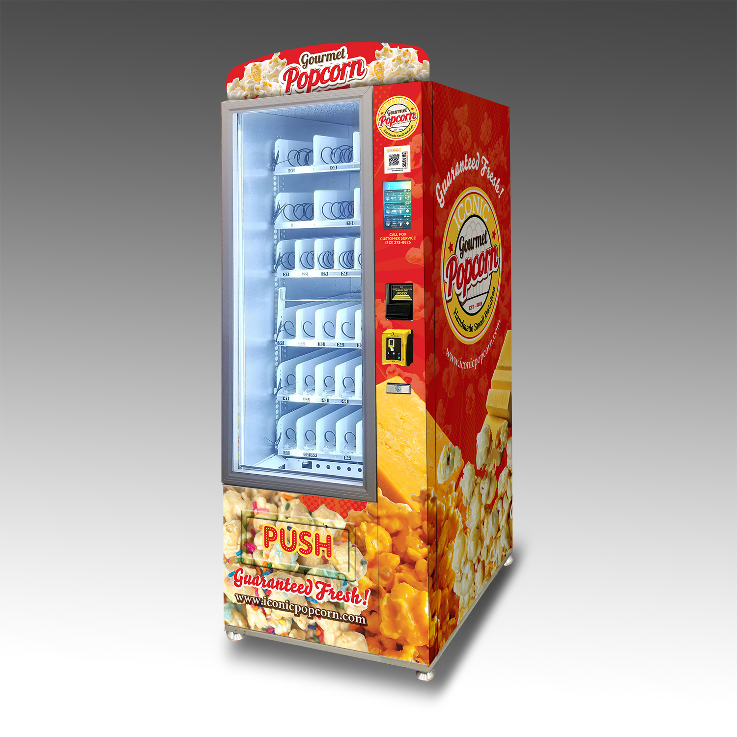 A custom gourmet popcorn vending machine.