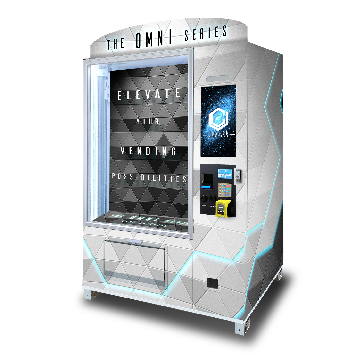 A mockup of the OMNI Elite custom vending chassis facing to the left.