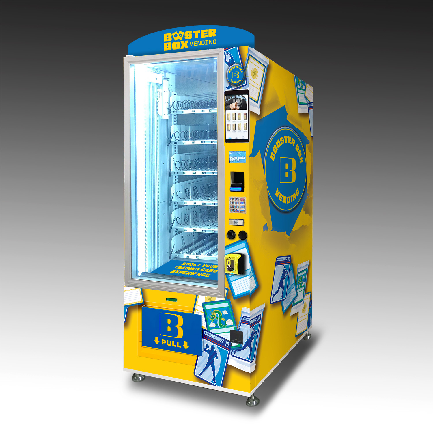 A custom trading cards vending machine built for Booster Box Vending.