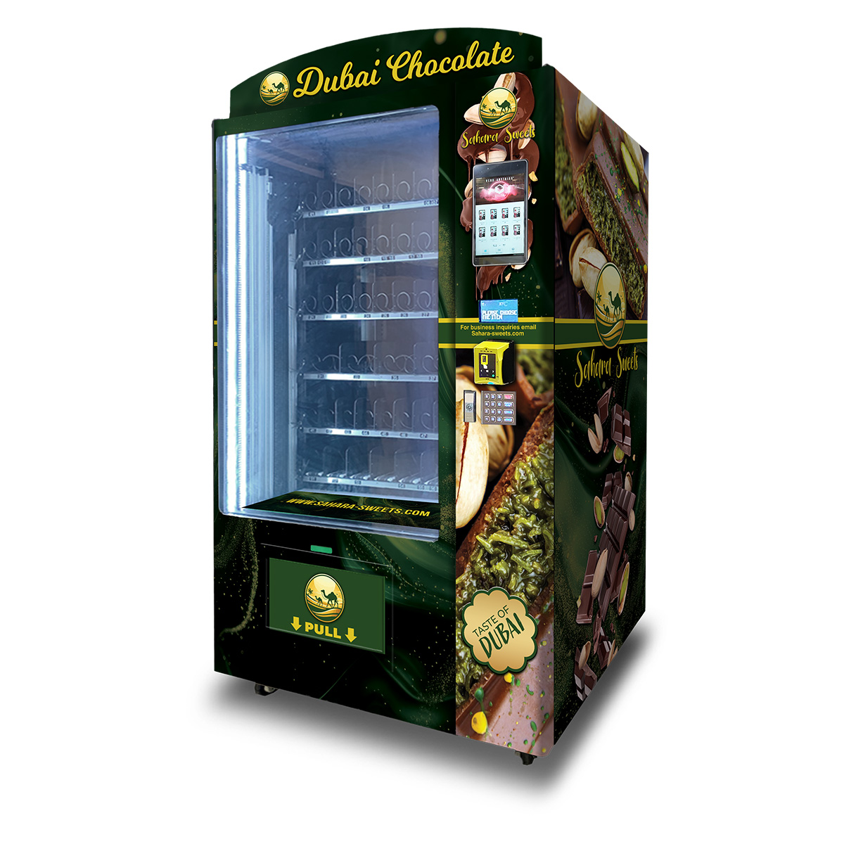 An OMNI Pro Vending Machine showcasing a natural green wrap with closeups of Dubai chocolate and the text "Dubai Chocolate" on the marquis
