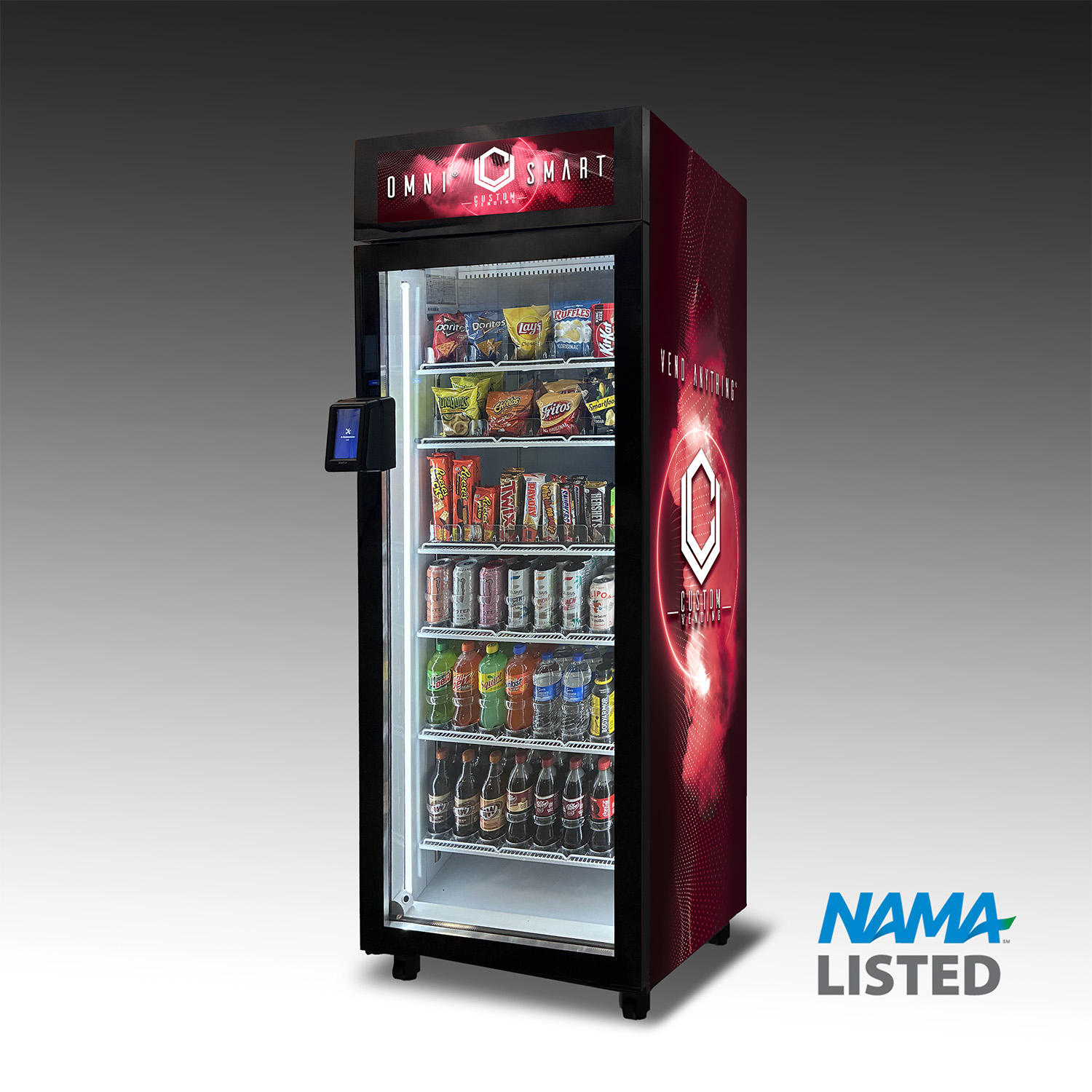 An image of the OMNI Smart Cooler chassis. It is wrapped with a futuristic red design with the Custom Vending logo on it. It shows the machine is NAMA certified.