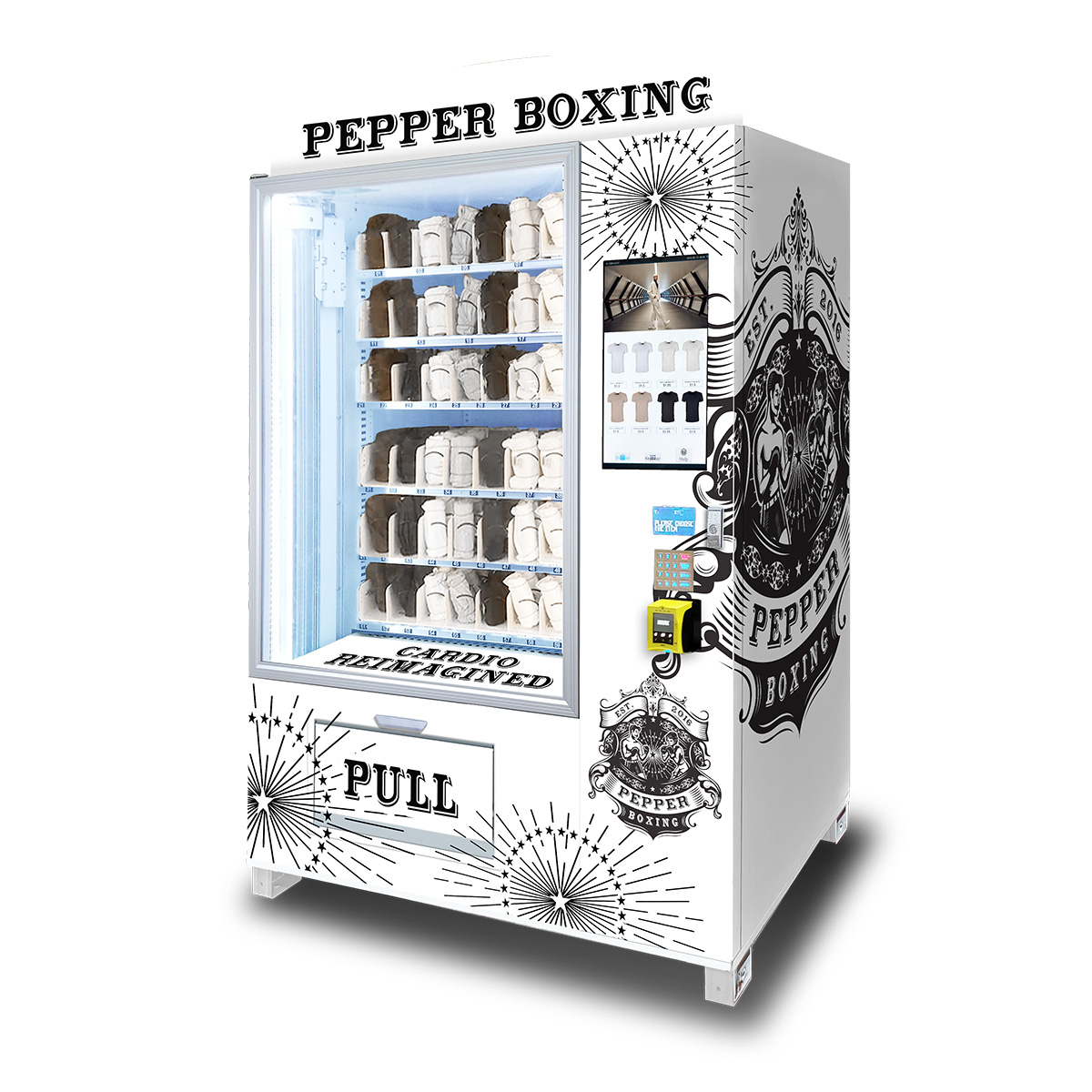 An OMNI Elite Vending Machine showcasing a old-fashioned black and white wrap wrap with an ink-drawn coat-of-arms look and the text "Pepper Boxing" on the marquis