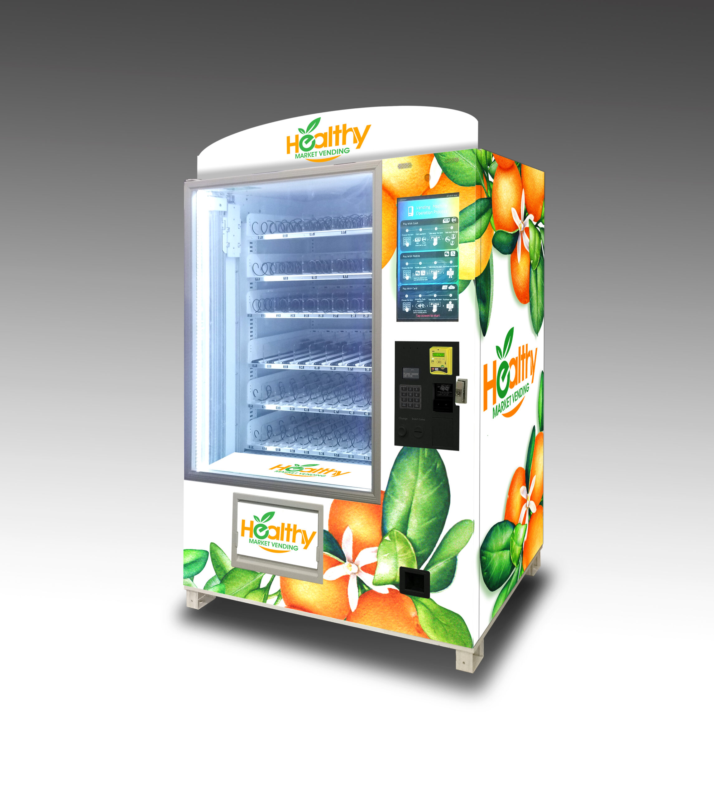 A custom healthy foods vending machine with a clean citrus theme.