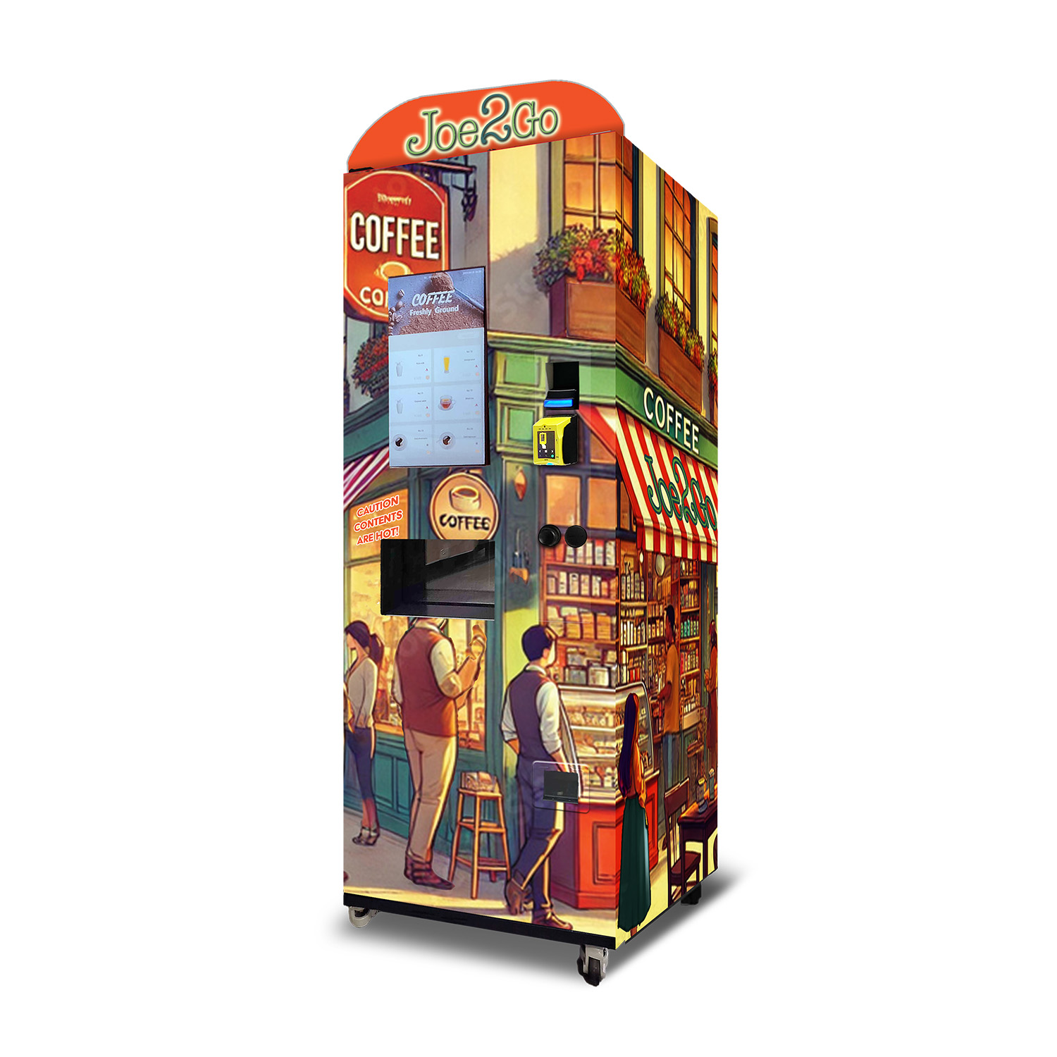A coffee vending machine showing a lively outdoor market with a coffee shop on its wrap. Its marquis says "Joe2Go"